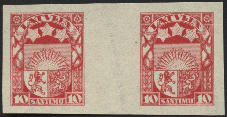 LETTLAND 93UZW (*), 1923, 10 S. Karmin, Ungezähnt Im Zwischenstegpaar, Ohne Gummi, Pracht - Letonia