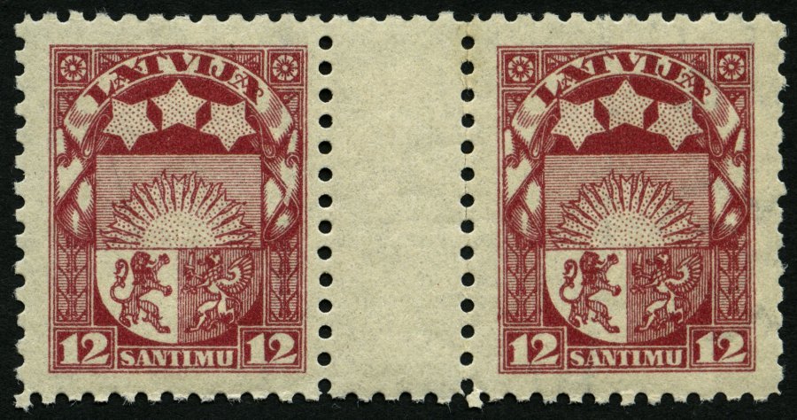 LETTLAND 94ZW **, 1923, 12 S. Rotlila Im Waagerechten Zwischenstegpaar, Pracht - Letonia