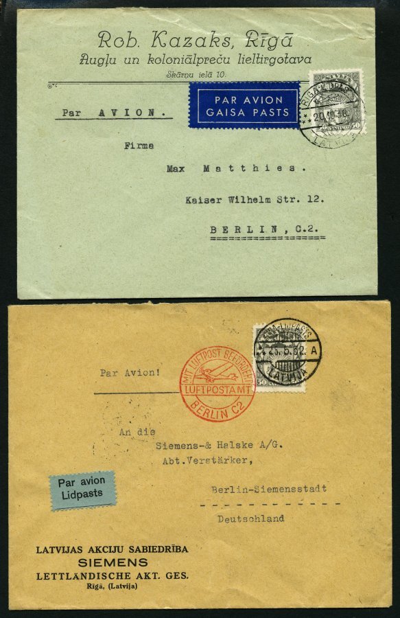 LETTLAND 152 BRIEF, 1932/8, 50 S. Lilagrau, 2x Als Einzelfrankatur Auf Luftpostbrief Nach Berlin, Verschiedene Stempel R - Lettonia