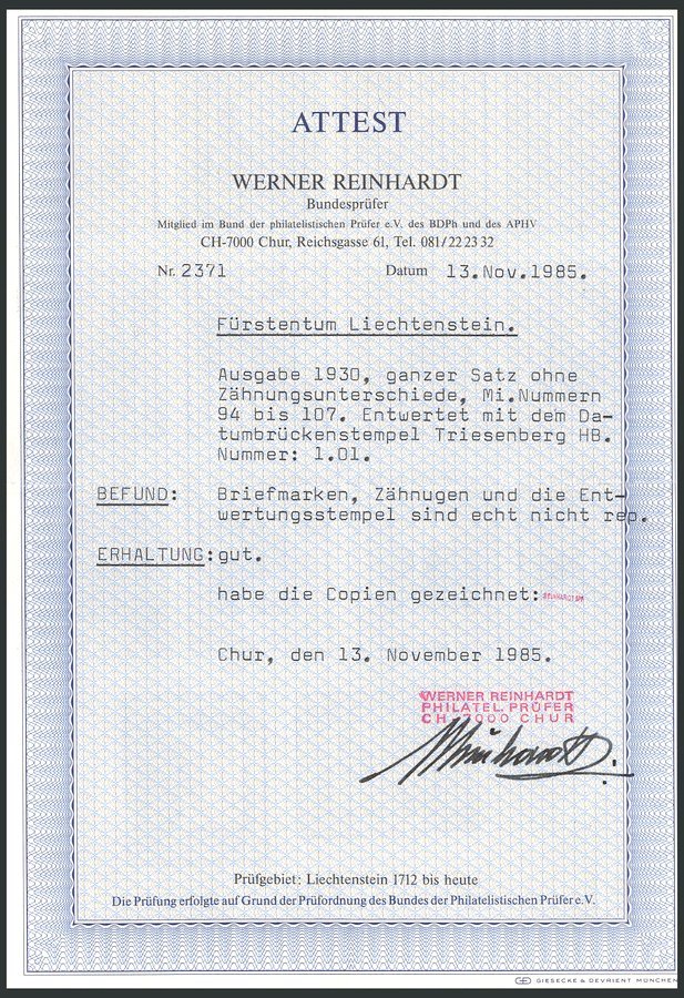 LIECHTENSTEIN 94-107 O, 1930, Landschaften Und Fürstenpaar, Prachtsatz, Fotoattest Reinhardt, Mi. 850.- - Otros & Sin Clasificación