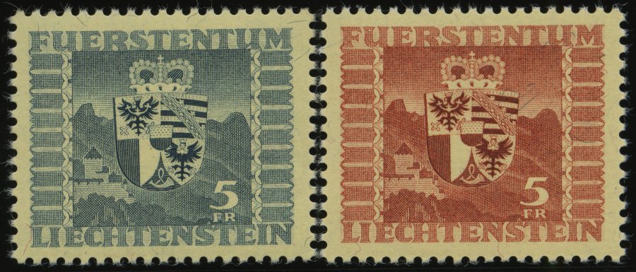 LIECHTENSTEIN 243,252 **, 1945/7, 5 Fr. Wappen, 2 Prachtwerte, Mi. 79.- - Other & Unclassified