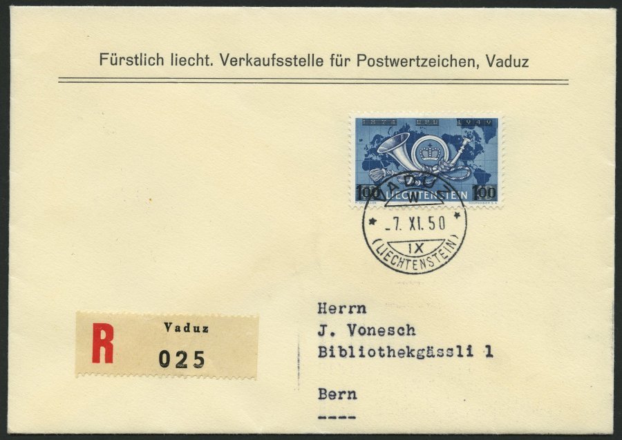 LIECHTENSTEIN 288 BRIEF, 1950, 1 Fr. Auf 40 Rp. Weltpostverein Auf FDC, Einschreibbrief Nach Bern, Pracht, Mi. 200.- - Other & Unclassified