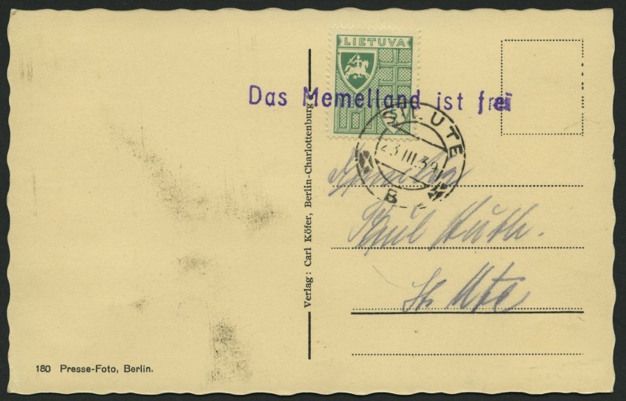 LITAUEN 409 BRIEF, 1939, 5 C. Grün Auf Hitler-Fotokarte, Stempel SILUTE Und Violetter L1 Das Memelland Ist Frei, Pracht - Lituania