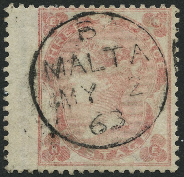 MALTA GB 18 O, Vorläufer: 1863, 3 P. Blaßkarminrosa (SG 77) Mit Breitrand, Zentrischer Stempel B MALTA, Feinst - Malta