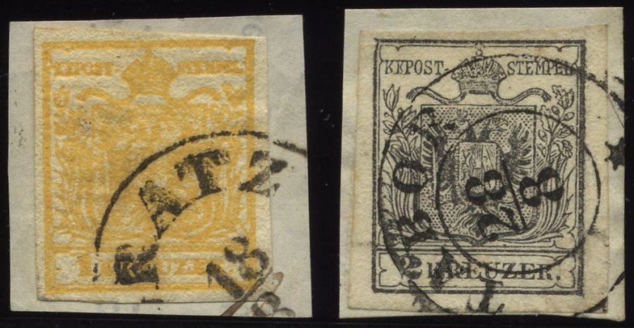 ÖSTERREICH 1,2X BrfStk, 1850, 1 Kr. Gelb Und 2 Kr. Schwarz, Handpapier, 2 Prachtbriefstücke, Mi. 220.- - Usados