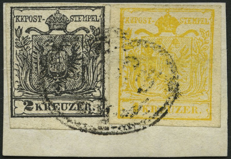 ÖSTERREICH 1,2Ya BrfStk, 1854, 1 Kr. Gelb Und 2 Kr. Schwarz, Maschinenpapier, Zierstempel Imp.-Reg-Vapori (Gardasee), Pr - Gebraucht