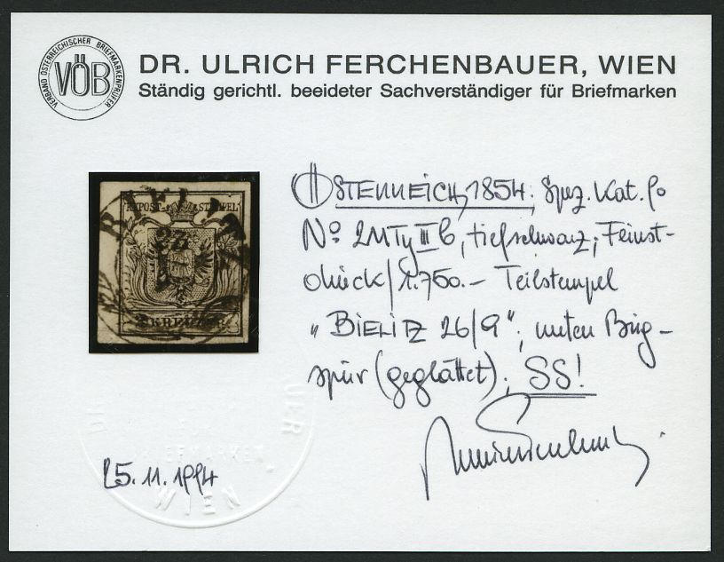 ÖSTERREICH 2Ya O, 1854, 2 Kr. Schwarz, Maschinenpapier, Type IIIb, K1 BIELITZ, Leichte Bugspur Sonst Pracht, Fotobefund - Used Stamps