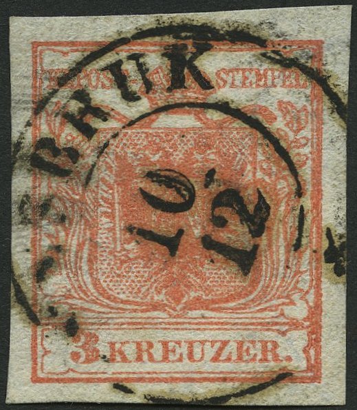 ÖSTERREICH 3Xa O, 1850, 3 Kr. Rot, Handpapier, Type Ib, Randdruck Rechts, Mit Wasserzeichen Und Plattenfehler Weißer Fle - Usados