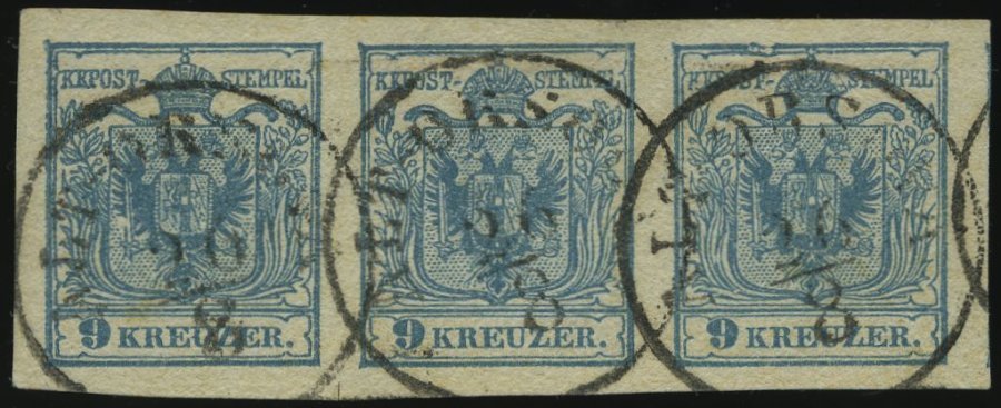 ÖSTERREICH 5X O, 1850, 9 Kr. Blau, Handpapier, Type IIIa, Im Waagerechten Dreierstreifen Mit Engen Waagerechten Abstände - Usados