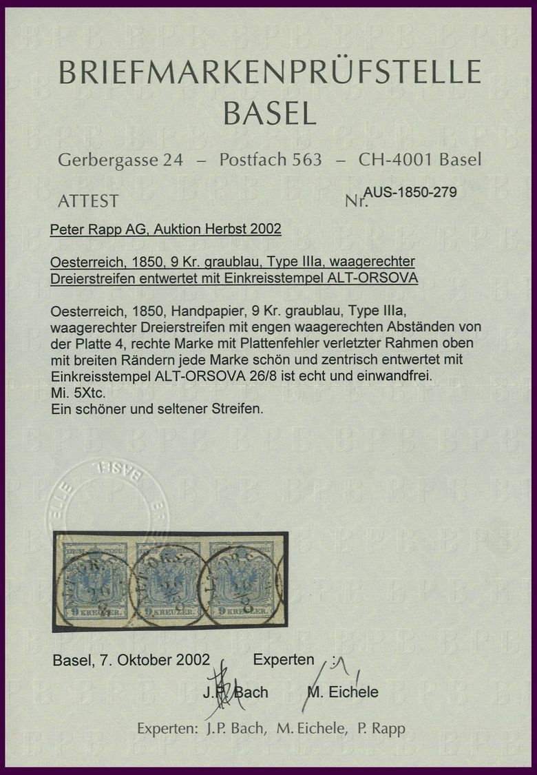 ÖSTERREICH 5X O, 1850, 9 Kr. Blau, Handpapier, Type IIIa, Im Waagerechten Dreierstreifen Mit Engen Waagerechten Abstände - Used Stamps