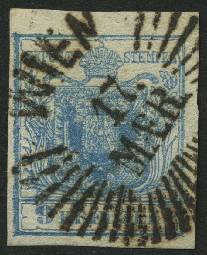 ÖSTERREICH 5X O, 1850, 9 Kr. Blau, Handpapier, Type IIa, Sternstempel WIEN, Kabinett - Usados