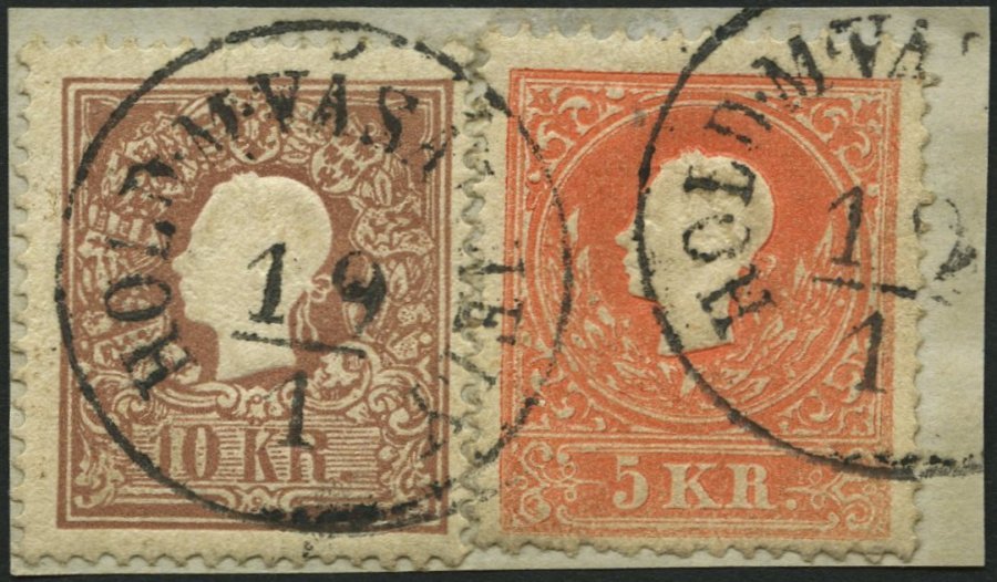 ÖSTERREICH 13/4I BrfStk, 1858, 5 Kr. Rot Und 10 Kr. Braun, Type I, Ungarischer K1 HOLD. M. VASARHELY, Prachtbriefstück - Usados