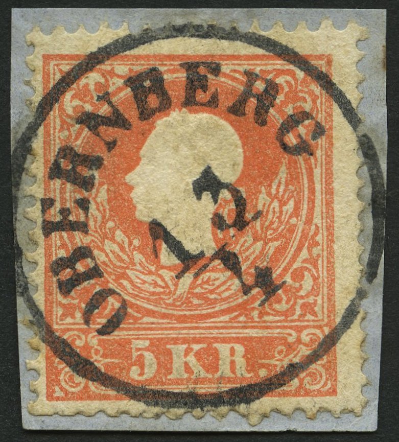 ÖSTERREICH 13I BrfStk, 1858, 5 Kr. Rot, Type I, Zentrischer K1 OBERNBERG, üblich Gezähnt, Prachtbriefstück - Used Stamps