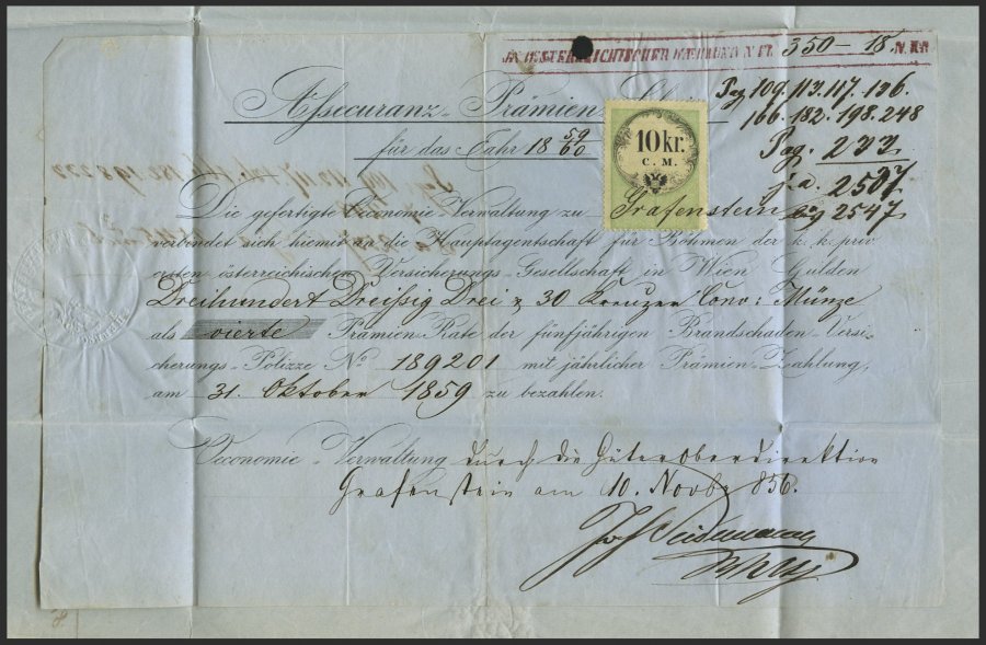 ÖSTERREICH 14II BRIEF, 1859, 10 Kr. Braun, Type II, Auf Brief Der österreichischen Versicherungsanstalt Mit R4 PRAG An D - Used Stamps