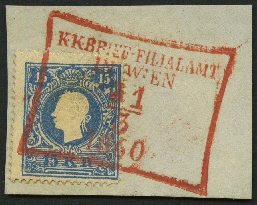 ÖSTERREICH 15II BrfStk, 1859, 15 Kr. Blau, Type II, Roter Stempel KK BRIEF-FILIALAMT IN WIEN, Kabinettbriefstück - Usados