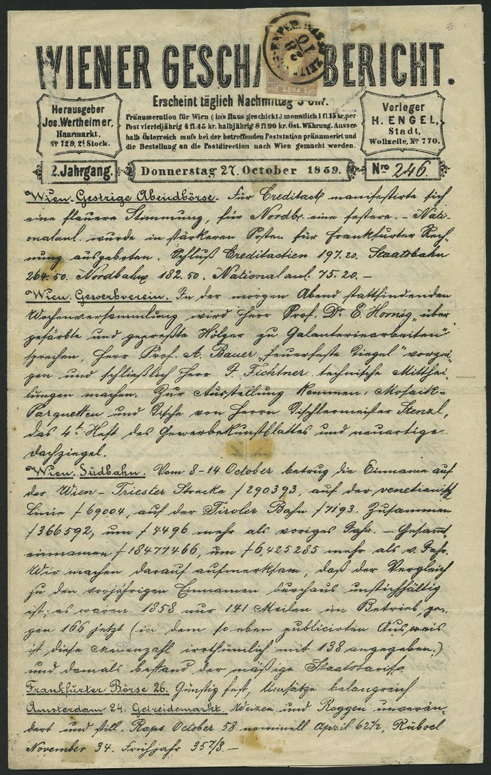 ÖSTERREICH 17 BRIEF, 1859, 1.05 Kr. Graulila Auf Vollständigem Wiener Geschäftsbrief Mit K1 ZEITUNGS-EXPED., Pracht, Sig - Usados