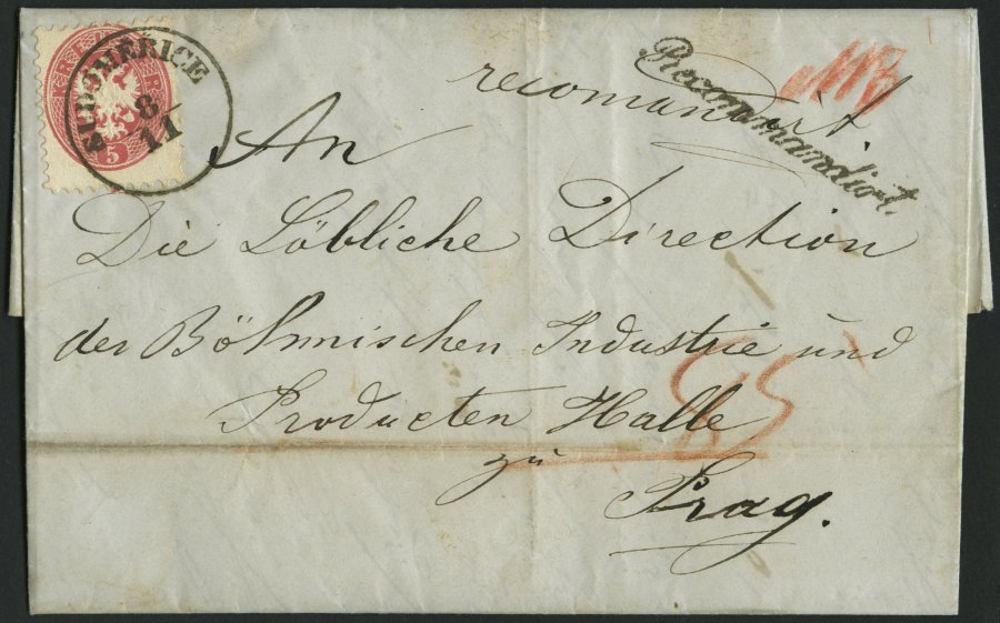 ÖSTERREICH 32/3 BRIEF, 1864, 5 Kr. Rosa Und Rückseitiges Reco-Porto 10 Kr. Blau (fehlerhaft) Auf Brief Von SUDOMERICE Na - Usados