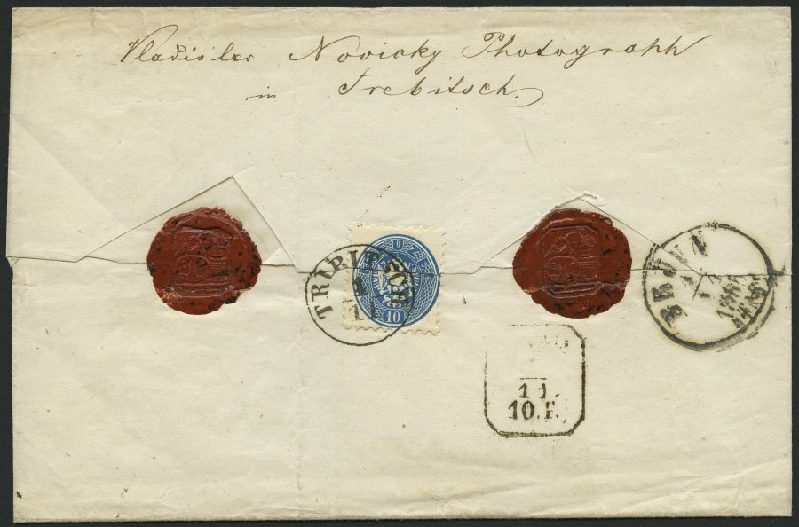 ÖSTERREICH 33 BRIEF, 1863, 10 Kr. Blau Und Rückseitiges Reco-Porto 10 Kr. Blau (defekt) Auf Brief Von TREBITSCH Nach Pra - Used Stamps