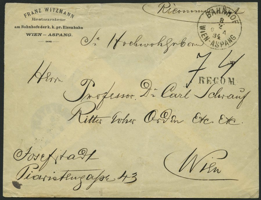 ÖSTERREICH 36II,46 BRIEF, Mischfrankatur: 1884, 3 Kr. Grün Und 5 Kr. Doppeladler, Rückseitig Auf Reco-Ortsbrief Mit K1 B - Used Stamps