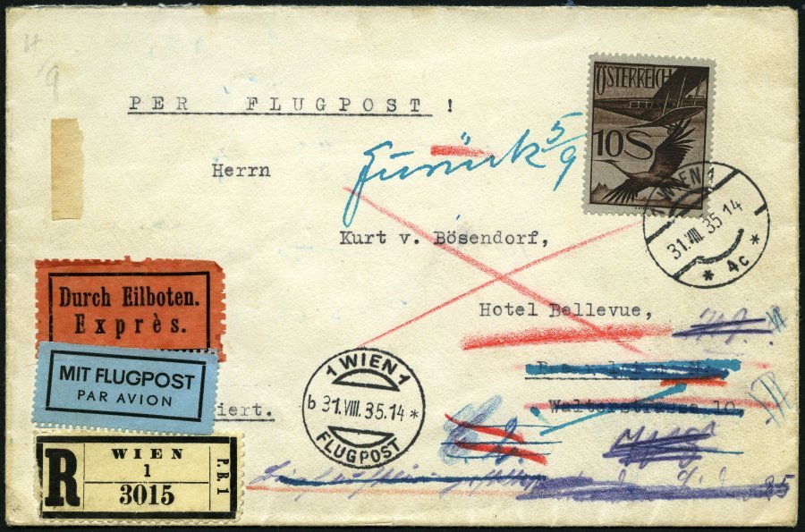 ÖSTERREICH 487 BRIEF, 1935, 10 S. Flugpost Auf Interessantem Luftpost Eil-Einschreibbrief Nach Berlin Mit Zahlreichen Re - Used Stamps