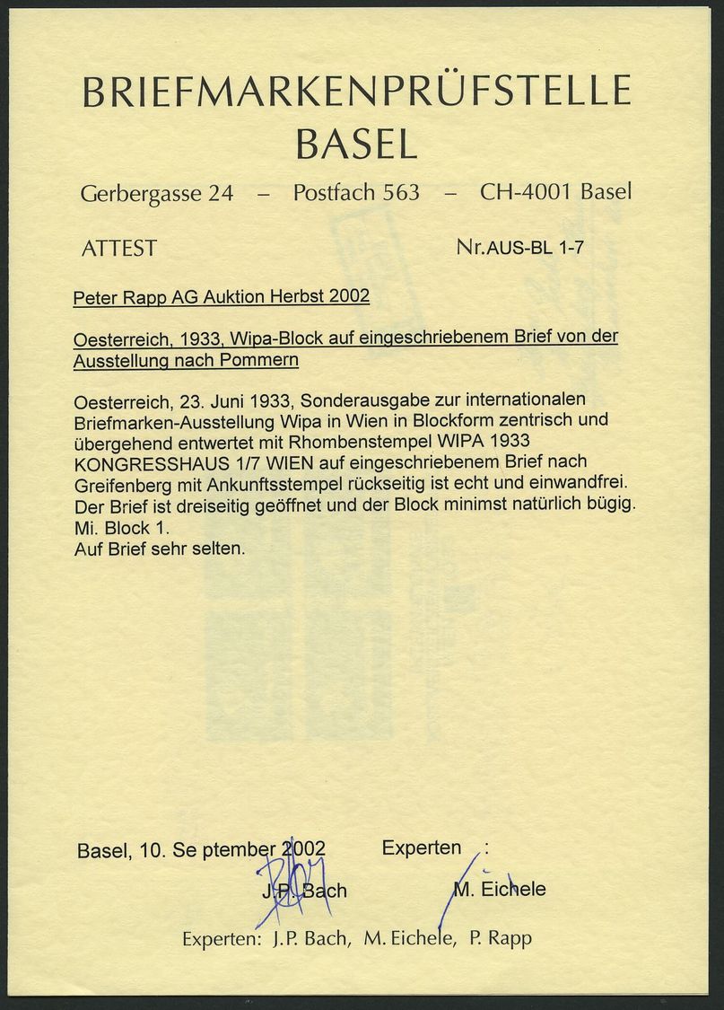 ÖSTERREICH Bl. 1, 1933, Block WIPA Auf Einschreibbrief Mit Sonderstempel KONGRESSHAUS Nach Pommern, Fotoattest Bach/Eich - Usados