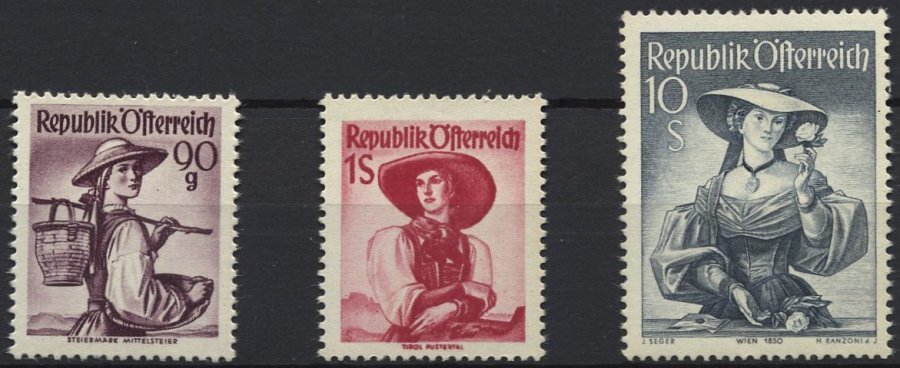 ÖSTERREICH 909,911,926 **, 1949/50, 90 G., 1 Und 10 S. Trachten, 3 Prachtwerte, Mi. 235.- - Usados