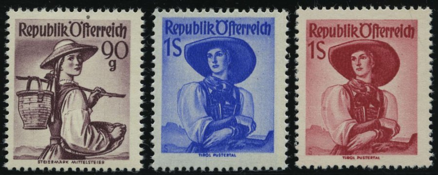 ÖSTERREICH 909-11 **, 1948-50, 90 G. - 1 S. Trachten, 3 Prachtwerte, Mi. 185.- - Usados