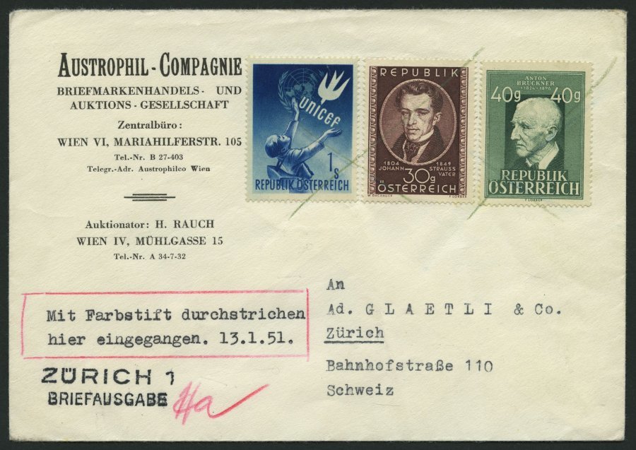 ÖSTERREICH 933,941/2 BRIEF, 1951, 40 G. Bruckner Mit Zusatzfrankatur Auf Firmenbrief Von WIEN Nach Zürich, Mit Grünem St - Used Stamps
