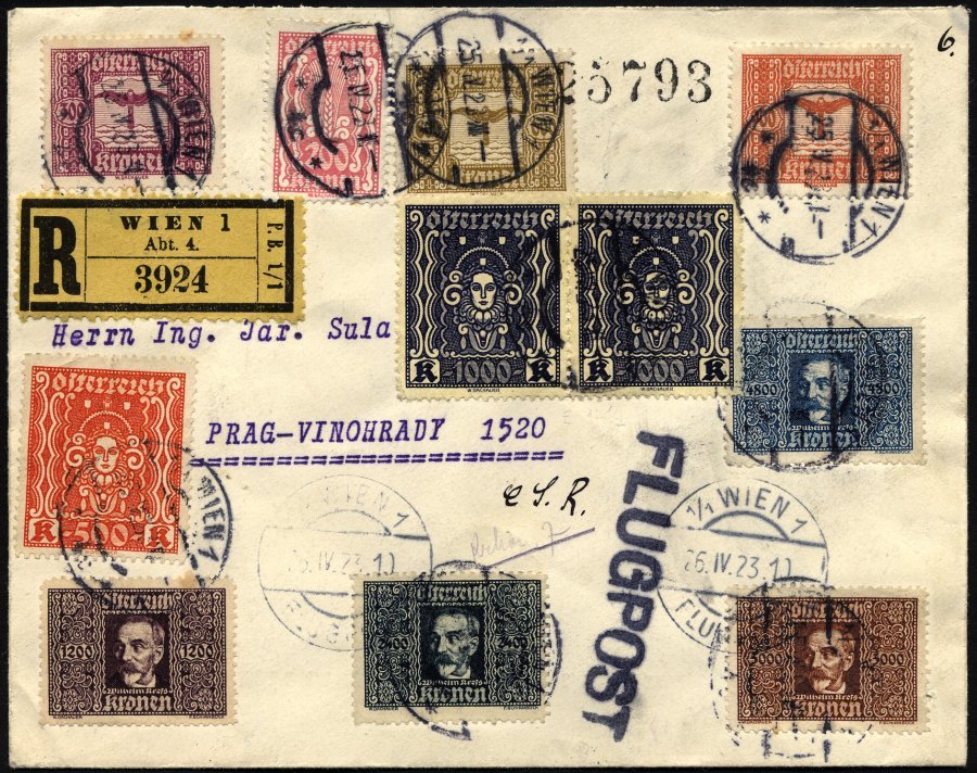 FLUGPOST BIS 1938 22.1dx BRIEF, 26.4.1923, WIEN-PRAG, Flugpost-Brief Mit Guter Frankatur, U.a. Mi.Nr. 431/2, Einschreibb - Primeros Vuelos