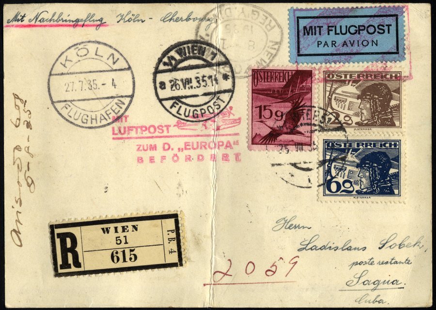 FLUGPOST BIS 1938 97 BRIEF, 27.7.1935, Mit Lufpost Zur EUROPA, Nachbringeflug Köln-Cherbourg, Ab Wien Mit österreichisch - First Flight Covers