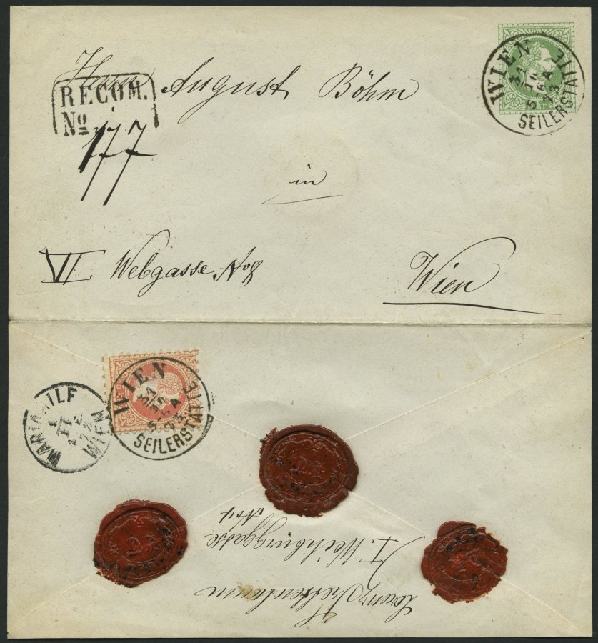 GANZSACHEN U 54,37I BRIEF, 1868, 3 Kr. Grün, Wz. 3, Orts-Umschlag Mit Rückseitigem Reco-Porto 5 Kr. Rot, Grober Druck, K - Other & Unclassified