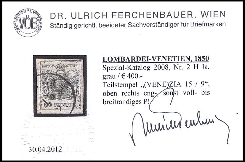 LOMBARDEI UND VENETIEN 2X O, 1850, 10 C. Schwarz, Handpapier, Type Ia, Pracht, Fotobefund Dr. Ferchenbauer, Handbuch EUR - Lombardy-Venetia