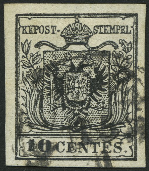 LOMBARDEI UND VENETIEN 2Ya O, 1854, 10 C. Schwarz, Maschinenpapier, Type III, K1, Pracht - Lombardo-Vénétie