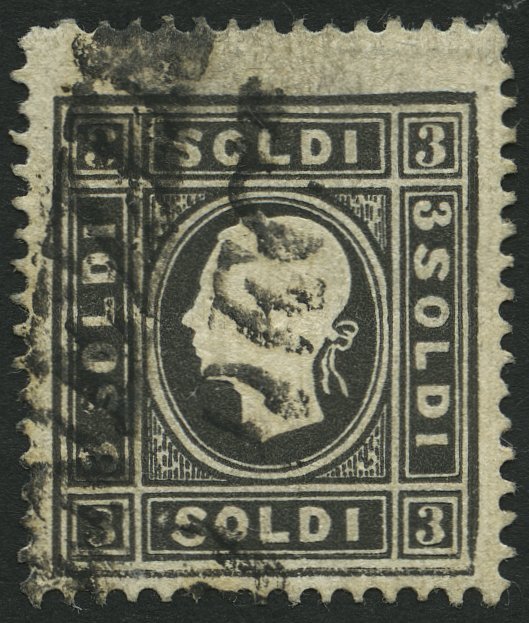 LOMBARDEI UND VENETIEN 7Ia O, 1858, 3 So. Schwarz, Type I, Mit Plattenfehler Kleiner Weißer Fleck Vor Soldi Unten, L2 VE - Lombardy-Venetia