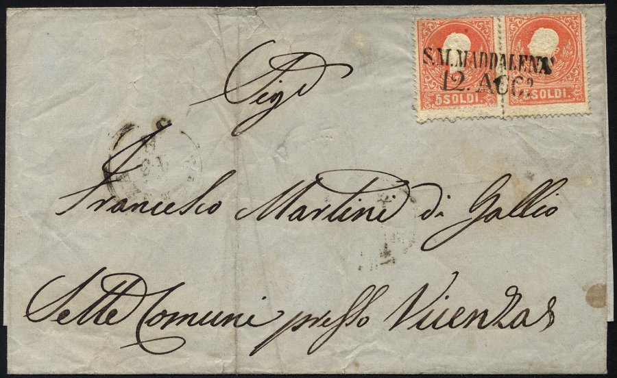 LOMBARDEI UND VENETIEN 9II BRIEF, 1858, 5 So. Rot, Type II, 2x Mit L2 S.M. MADDALENA Auf Prachtbrief - Lombardo-Vénétie