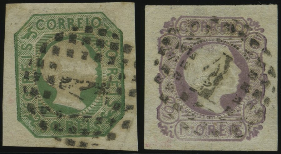 PORTUGAL 7a,8 O, 1855, 50 R. Gelbgrün Und 100 R. Lila, 2 Breitrandige Kabinettwerte, Gepr. Drahn, Mi. (230.-) - Usado