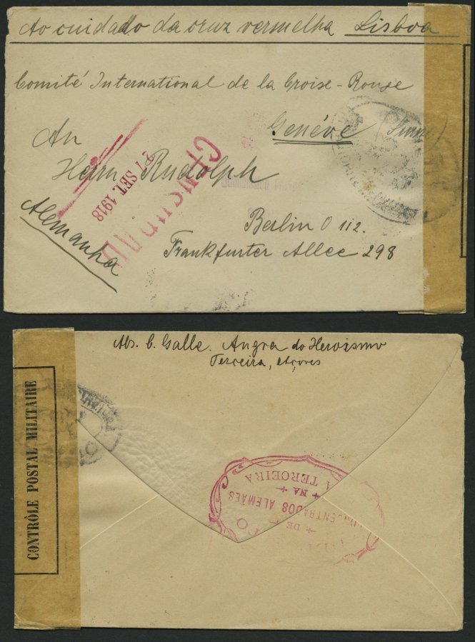 PORTUGAL 1918, Rotes Kreuz Austauschpost, Brief Von TERCEIRA (Azoren) Mit Zierovalstempel CONCENTRADOS ALEMAES Und Zensu - Used Stamps