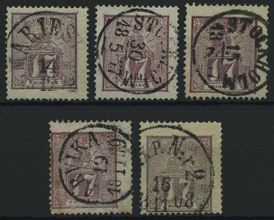 SCHWEDEN 15a O, 1866, 17 Ö. Rotlila, 5 Werte In Farbnuancen, Feinst/Pracht, Mi. 700.- - Prefilatelia