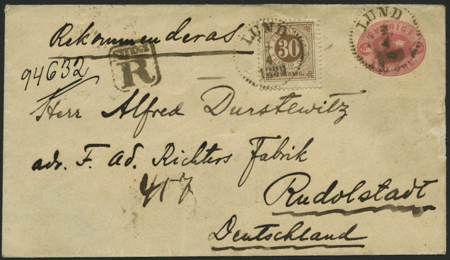 SCHWEDEN 35 BRIEF, 1889, 30 Ö. Braun Als Zusatzfrankatur Auf 12 Ö. Rosa Ganzsachenumschlag, Reco-brief Von LUND Nach Deu - Prefilatelia