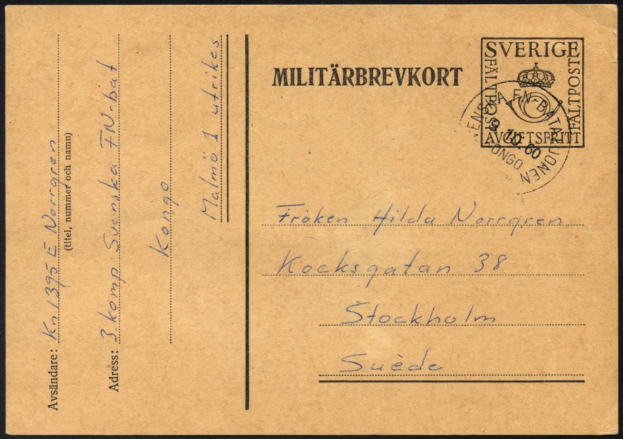 SCHWEDEN 1960, K1 SVENSKA FN-BATAILONEN/KONGO Auf Feldpost-Vordruckkarte Des Schwedischen UN-Kontingentes Aus Dem Kongo, - Prefilatelia