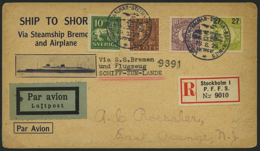 FLUGPOST 10.8.1929, K1 STOCKHOLM - KALMAR - STETTIN - BERLIN - WIEN, Katapult-Sonderzuleitungskarte Zum Dampfer Bremen, - Covers & Documents