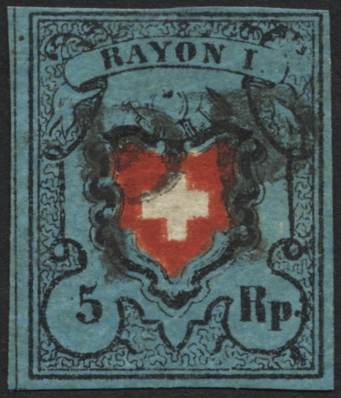 SCHWEIZ BUNDESPOST 7IIDDII O, 1850, 5 Rp. Schwarz/zinnoberrot Auf Blau, Ohne Kreuzeinfassung, Doppelter Rotdruck Des Wap - 1843-1852 Correos Federales Y Cantonales