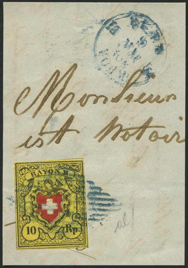 SCHWEIZ BUNDESPOST 8II BrfStk, 1850, 10 Rp. Schwarz/rot Auf Gelb, Type 23, Druckstein E (LO), Blaue Raute, Großes Pracht - 1843-1852 Federal & Cantonal Stamps
