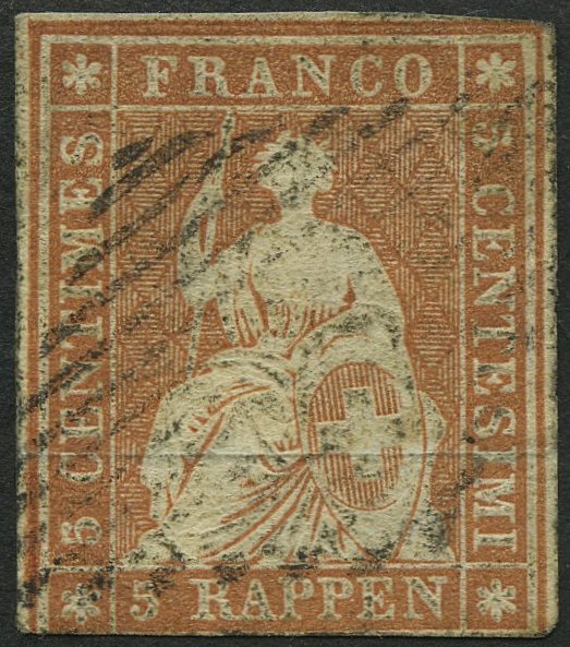 SCHWEIZ BUNDESPOST 13Ia O, 1854, 5 Rp. Braunorange, 1. Münchner Druck, (Zst. 22Aa), Unten Etwas Angeschnitten Sonst Meis - 1843-1852 Correos Federales Y Cantonales