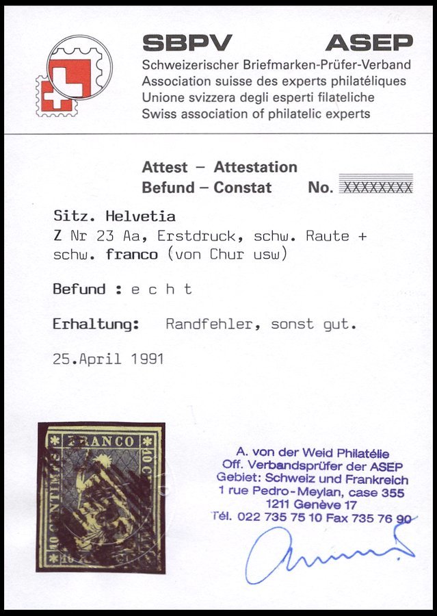 SCHWEIZ BUNDESPOST 14Ia O, 1854, Erstauflage: 10 Rp. Preußischblau, 1. Münchner Druck, (Zst. 23Aa), Mit Schwarzer Raute - 1843-1852 Federal & Cantonal Stamps
