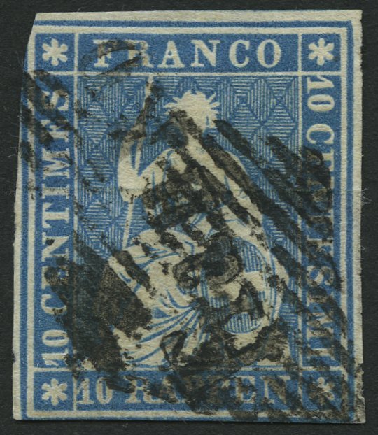 SCHWEIZ BUNDESPOST 14Ia O, 1854, Erstauflage: 10 Rp. Preußischblau, 1. Münchner Druck, (Zst. 23Aa), Mit Schwarzer Raute - 1843-1852 Poste Federali E Cantonali