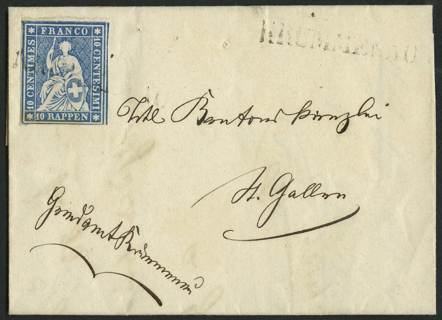 SCHWEIZ BUNDESPOST 14IIByo BRIEF, 1859, 10 Rp. Lebhaftblau, Dunkelroter Seidenfaden, Berner Druck II, (Zst. 23Cc), Oberr - 1843-1852 Federal & Cantonal Stamps