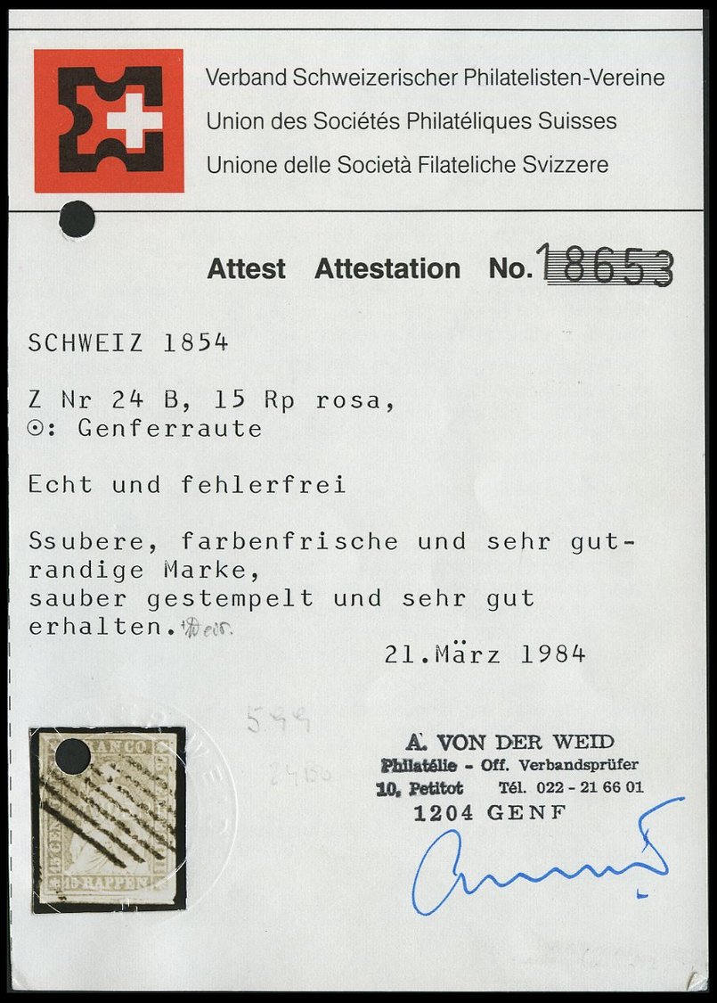 SCHWEIZ BUNDESPOST 15IIAym O, 1855, 15 Rp. Rosa, Berner Druck I, (Zst. 24B), Genfer Raute, Voll-überrandig, Pracht, Foto - 1843-1852 Correos Federales Y Cantonales