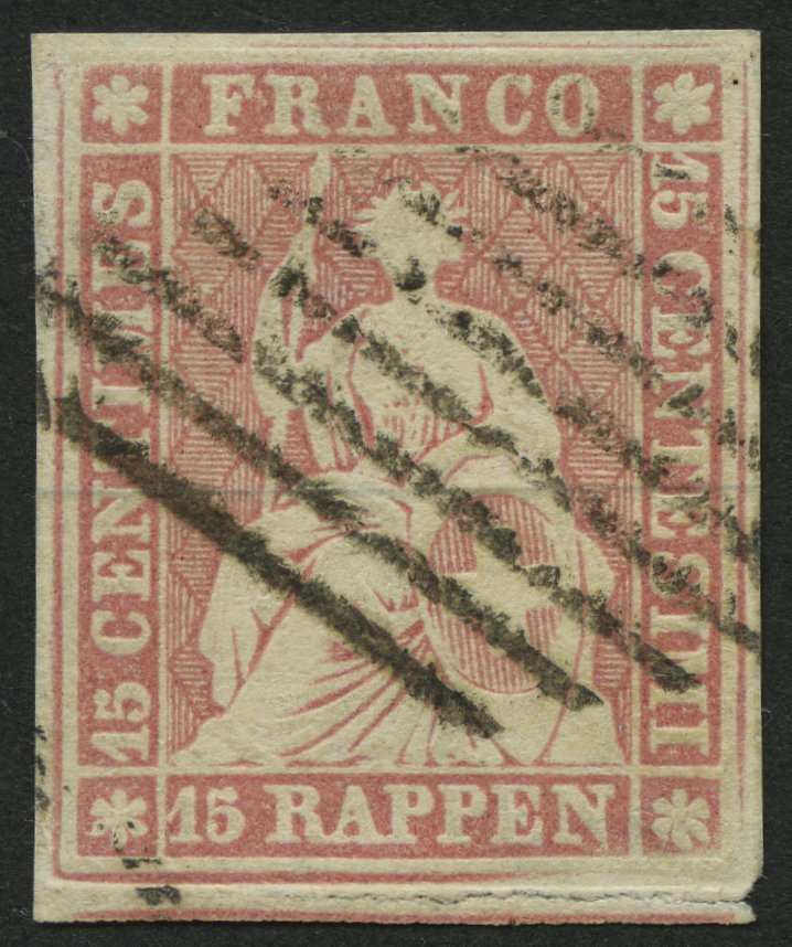 SCHWEIZ BUNDESPOST 15IIAym O, 1855, 15 Rp. Rosa, Berner Druck I, (Zst. 24B), Genfer Raute, Voll-überrandig, Pracht, Foto - 1843-1852 Correos Federales Y Cantonales