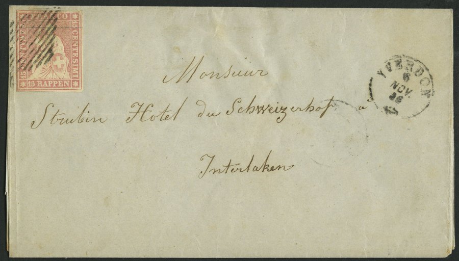 SCHWEIZ BUNDESPOST 15IIAym BRIEF, 1856, 15 Rp. Rosa, Berner Druck I, (Zst. 24Ba), Links Leicht Berührt Auf Briefhülle Vo - 1843-1852 Federal & Cantonal Stamps
